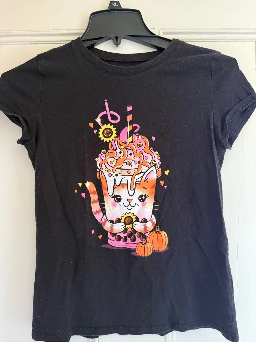 The Children's Place Black Tee with Pink & Orange Cat Sundae Graphic